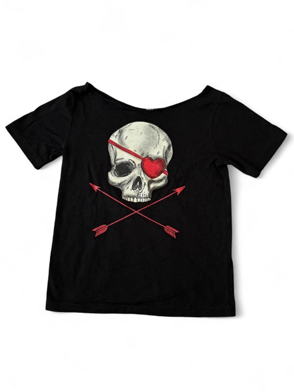 Black Skull Graphic Tee with Red Heart Patch
